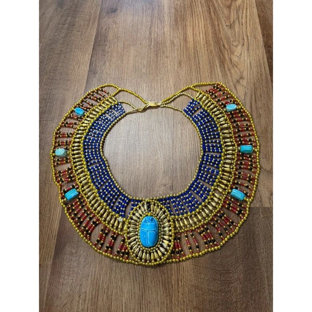 Vtg Necklace Egyptian Collar Cleopatra Clasp Beaded Scarab Costume Halloween